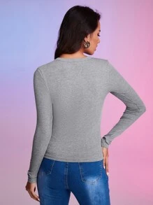 SHEIN BASICS 羅紋針織素色T恤 - 灰色 - 查看 8