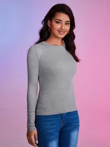 SHEIN BASICS 羅紋針織素色T恤 - 灰色 - 查看 3