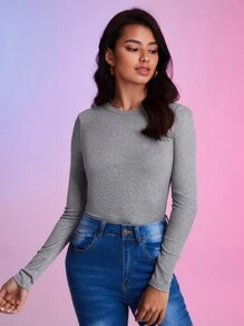 SHEIN BASICS 羅紋針織素色T恤 - 灰色 - 查看 4