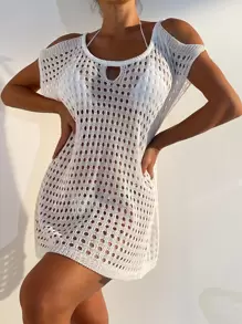 SHEIN Swim Cold Shoulder Open Knit Cover Up Dress Without Bikini - White - View 1