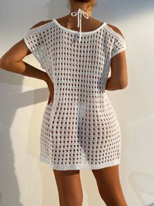 SHEIN Swim Cold Shoulder Open Knit Cover Up Dress Without Bikini - White - View 2