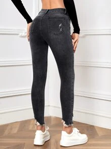 SHEIN Essnce 破洞毛邊緊身牛仔褲 - 深灰色 - 查看 2