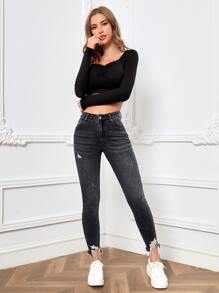 SHEIN Essnce 破洞毛邊緊身牛仔褲 - 深灰色 - 查看 3