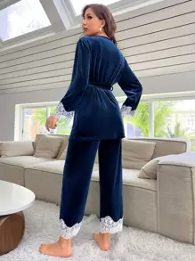 Contrast Lace Velvet Cami Top & Trousers & Robe Set - Navy Blue - View 2