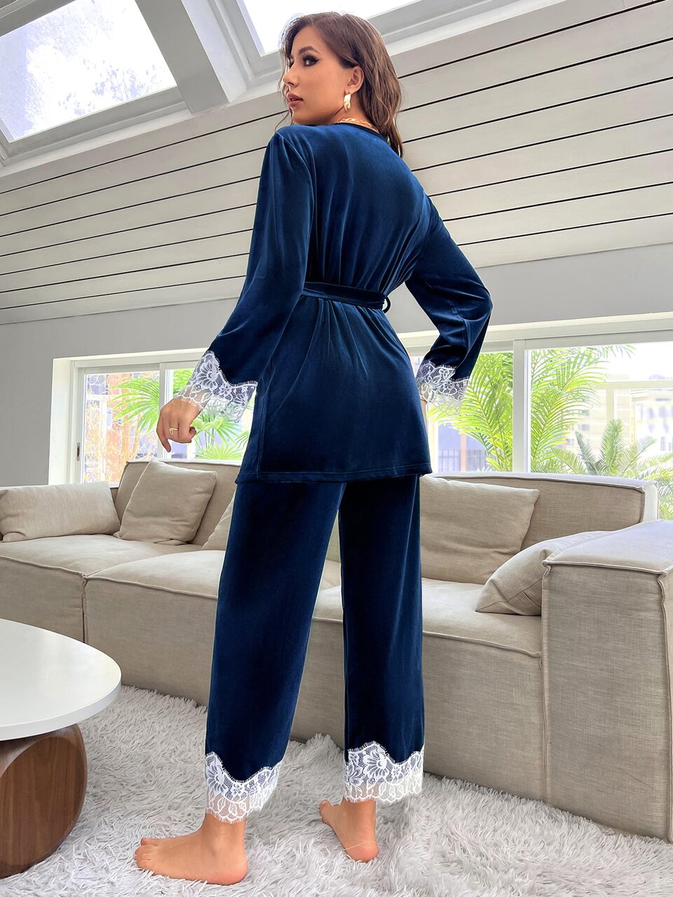 Contrast Lace Velvet Cami Top & Pants & Belted Robe Pajama Set, Fall Winter Clothes