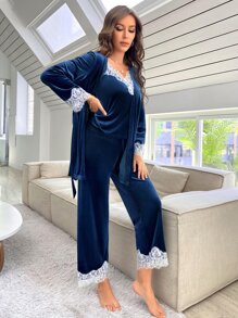 Contrast Lace Velvet Cami Top & Trousers & Robe Set - Navy Blue - View 4