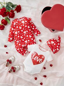 Baby Heart Print Ruffle Trim Bodysuit & Letter Graphic Bodysuit - Red and White - View 1