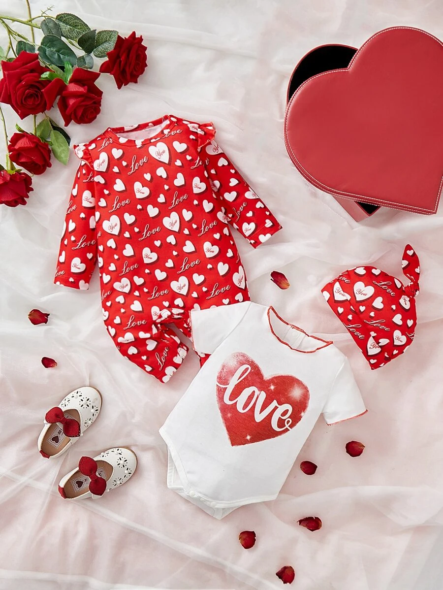 Baby Heart Print Ruffle Trim Bodysuit & Letter Graphic Bodysuit - Red and White - View 1