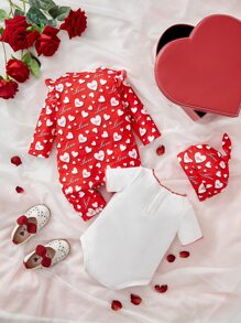 Baby Heart Print Ruffle Trim Bodysuit & Letter Graphic Bodysuit - Red and White - View 2