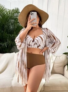 Swim Lushoire 夏季海灘加大碼渲染系帶式推擠比基尼套裝搭配和服 - 彩色 - 查看 1