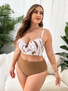 Swim Lushoire 夏季海灘加大碼渲染系帶式推擠比基尼套裝搭配和服 - 彩色 - 查看 4