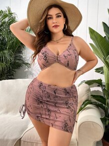 SHEIN Conjunto de bikini de talla grande con tinte anudado y aros unidos con falda de playa con cordón para el verano - Multicolor - Ver 1