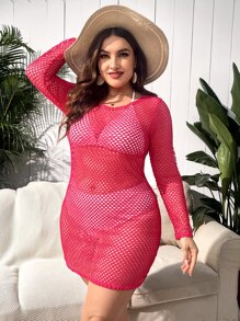 大碼鏤空漁網罩衫 - 玫紅色 - 查看 3