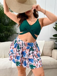 SHEIN Plus Size Tropical Print Wrap Bikini Set With Beach Skirt Summer Beach - Multicolor - View 1