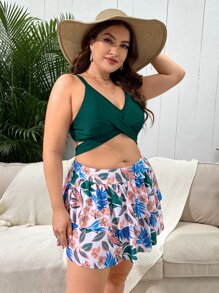 SHEIN Plus Size Tropical Print Wrap Bikini Set With Beach Skirt Summer Beach - Multicolor - View 4
