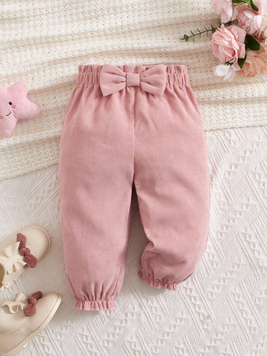 SHEIN 嬰幼兒女實色灰色灰絨彈性腰帶褲，配有蝴蝶結和褶邊袖口，適用於夏季
