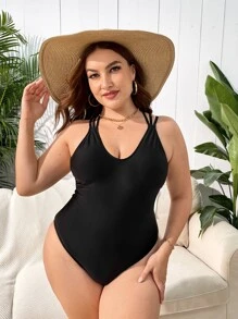 SHEIN Swim Curve Summer Beach Plus Solid Crisscross Backless One Piece Swimsuit - Black - View 2