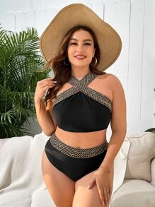 SHEIN 大码针织细节比基尼套装 夏日海滩 - 黑色 - 查看 1