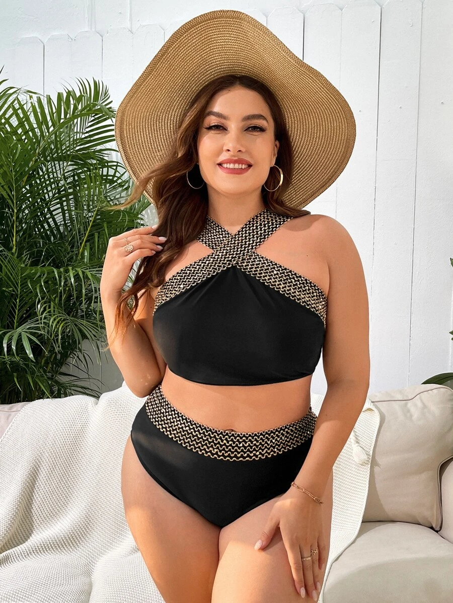 SHEIN 大码针织细节比基尼套装 夏日海滩 - 黑色 - 查看 1