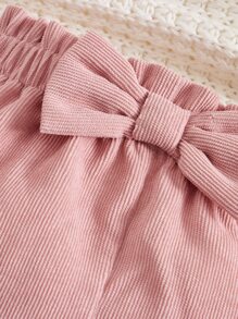 SHEIN 嬰幼兒女實色灰色灰絨彈性腰帶褲，配有蝴蝶結和褶邊袖口，適用於夏季