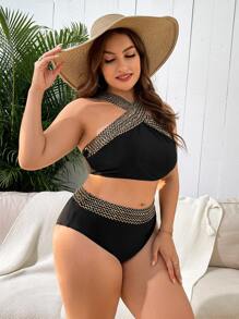 SHEIN 大码针织细节比基尼套装 夏日海滩 - 黑色 - 查看 3