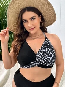 SHEIN Plus Leopard Cross Wrap Halter Bikini Top - Multicolor - View 3
