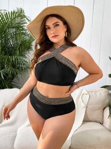 SHEIN 大码针织细节比基尼套装 夏日海滩 - 黑色 - 查看 5