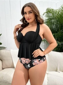 SHEIN Swim Curve 加大码花卉印花荷叶边下摆聚拢分体泳衣夏季海滩 - 黑色 - 查看 4