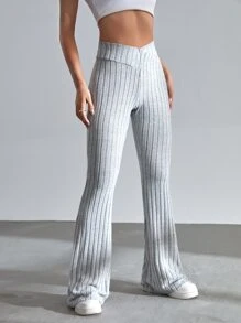 SHEIN EZwear Solid Ribbed Knit Flare Leg Pants