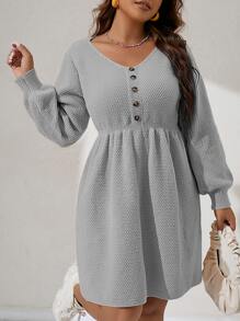 Calvaya Plus Lantern Sleeve Jumper Dress - Grey - View 1