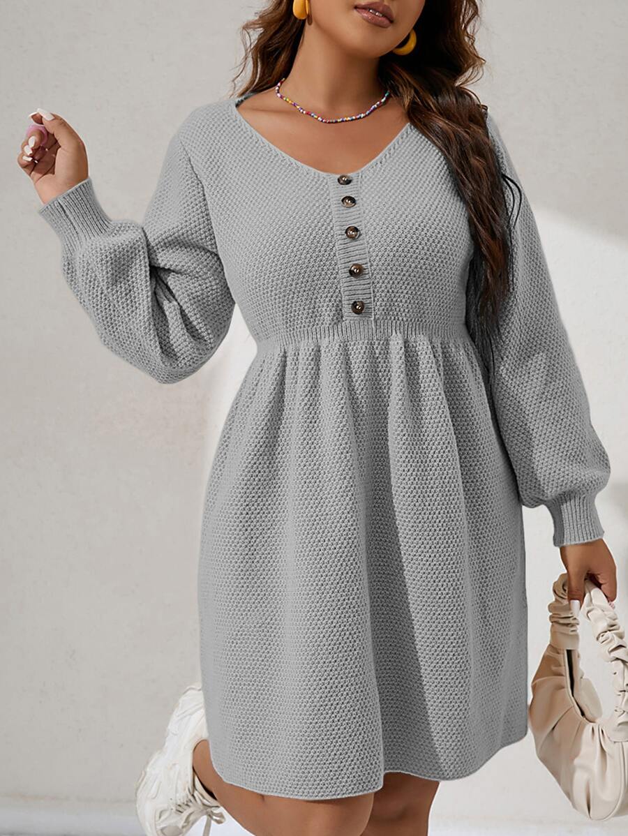 Calvaya Plus Lantern Sleeve Jumper Dress - Grey - View 1