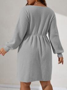 Calvaya Plus Lantern Sleeve Jumper Dress - Grey - View 2