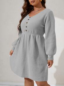 Calvaya Plus Lantern Sleeve Jumper Dress - Grey - View 3