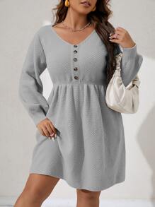 Calvaya Plus Lantern Sleeve Jumper Dress - Grey - View 4