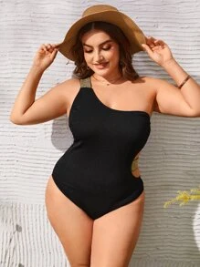 SHEIN Plus Cut-out One Shoulder One Piece Swimsuit - Black - View 1
