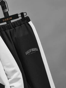 SHEIN Boys Letter Graphic Two Tone Hoodie & Joggers - Black - View 5