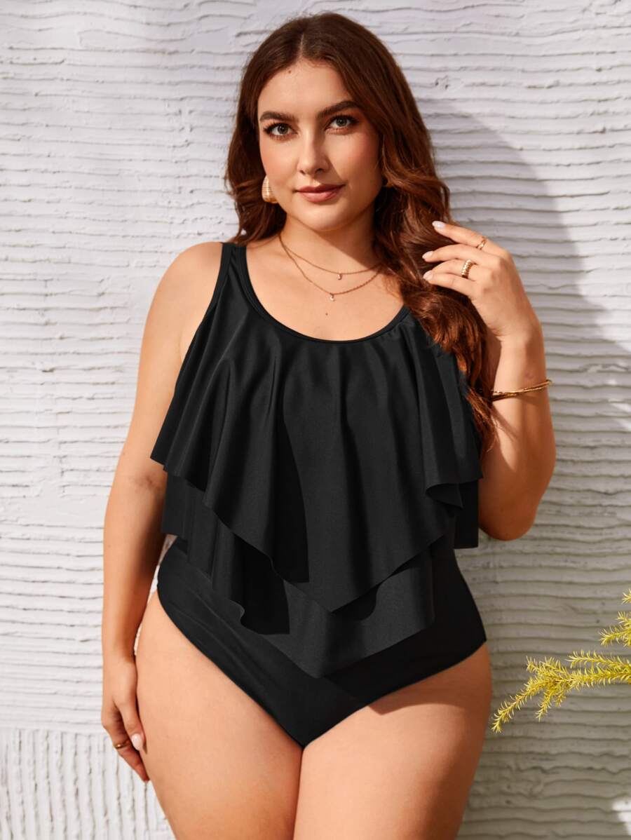 SHEIN Swim Curve 大碼手帕下擺連體泳衣 - 黑色 - 查看 1