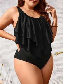 SHEIN Swim Curve 大碼手帕下擺連體泳衣 - 黑色 - 查看 3