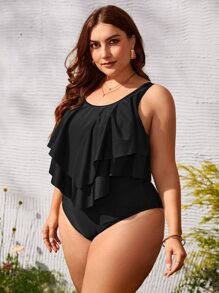 SHEIN Swim Curve 大碼手帕下擺連體泳衣 - 黑色 - 查看 4