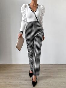 SHEIN Essnce Houndstooth Print Gigot Sleeve Overlap Collar Jumpsuit - Black and White - View 4