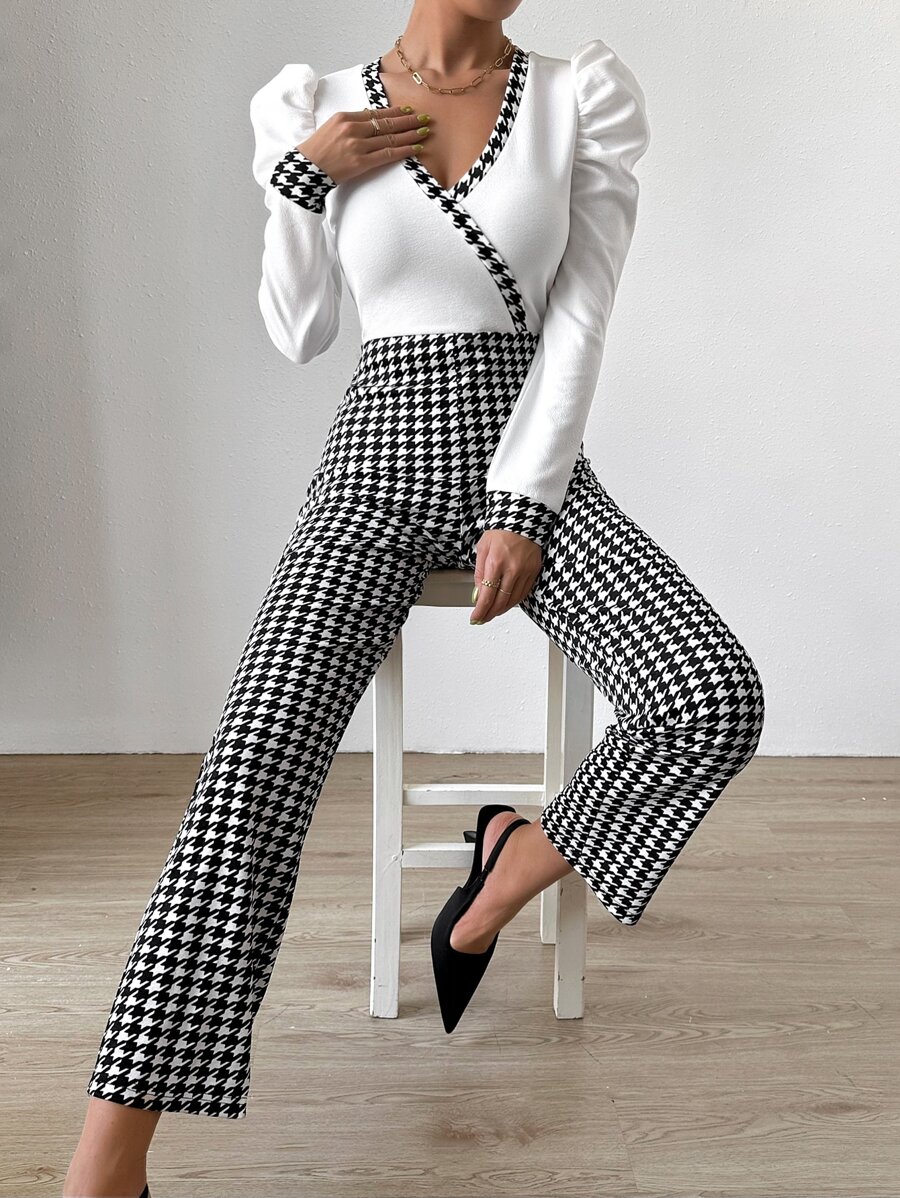 SHEIN Essnce Houndstooth Print Gigot Sleeve Overlap Collar Jumpsuit - Black and White - View 1