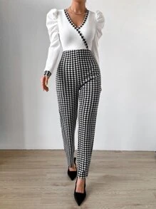 SHEIN Essnce Houndstooth Print Gigot Sleeve Overlap Collar Jumpsuit - Black and White - View 3