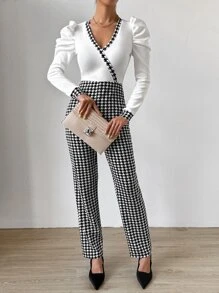 SHEIN Essnce Houndstooth Print Gigot Sleeve Overlap Collar Jumpsuit - Black and White - View 6