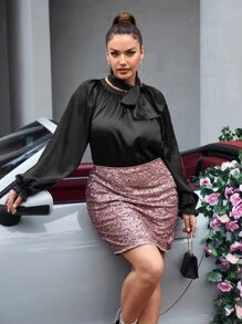 SHEIN Privé Plus Tie Neck Flounce Sleeve Blouse - Black - View 6