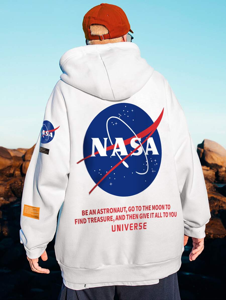 Manfinity Hombres Capucha con estampado de slogan de hombros caídos con cordón - Blanco - Ver 1