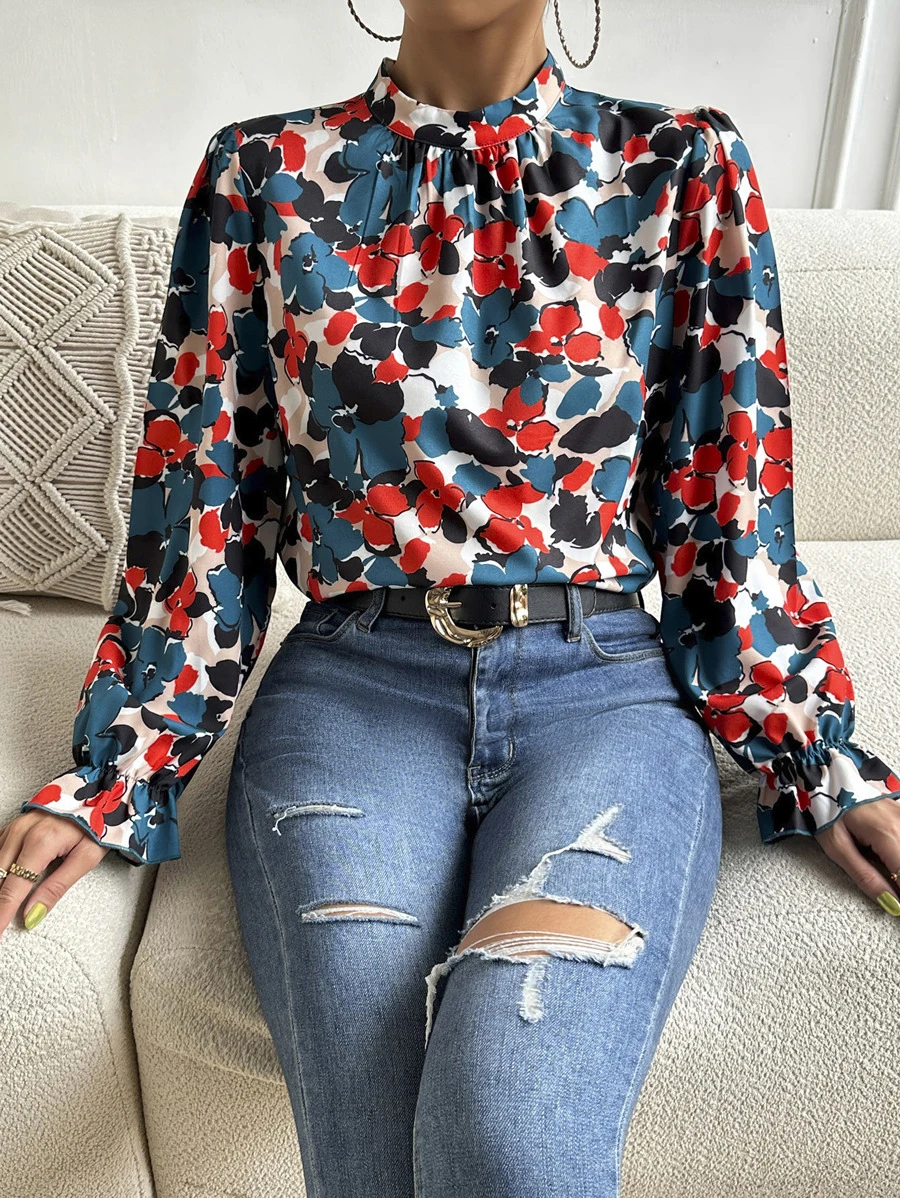 ÉTHER D'OR Allover Floral Print Flounce Sleeve Blouse Women Shirt,Long Sleeve Tops Fall Cloth For Women - Multicolor - View 1