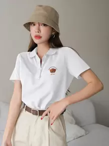 DAZY T-shirt à motif d'ours et de lettre col polo