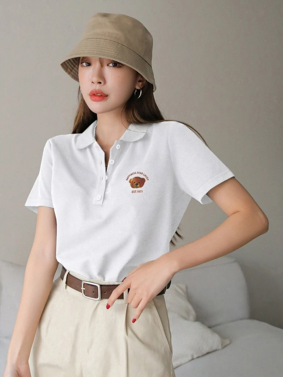 DAZY T-shirt à motif d'ours et de lettre col polo