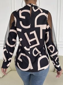 Calvaya Letter Graphic Mock Neck Contrast Mesh Blouse