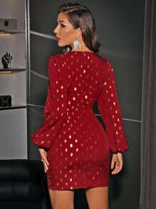 SHEIN Clasi Damen Kleid mit goldfarbenem Punktdruck, Laternärmel und Wickelsaum, Weihnachtsoutfit für Damen, Weihnachtskleid, Weihnachtsparty Kleid, Festtagskleid, Geburtstagsoutfit für Damen, Silvesterkleid, Geburtstagkleid in Burgund